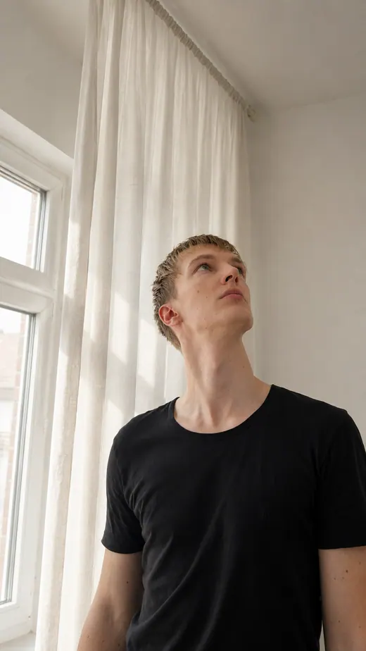 Portrait von Lars Möllering mit nach oben gerichtetem Blick, helle Wand, schwarzes Outfit, kontemplative Haltung.