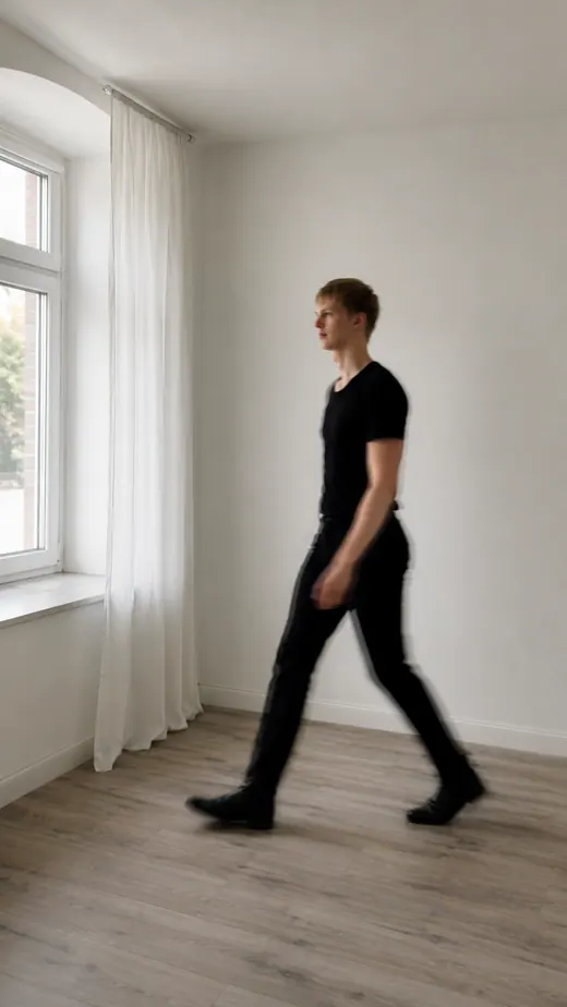 Bewegungsstudie von Lars Möllering im hellen Innenraum, leicht unscharf, gehender Moment.